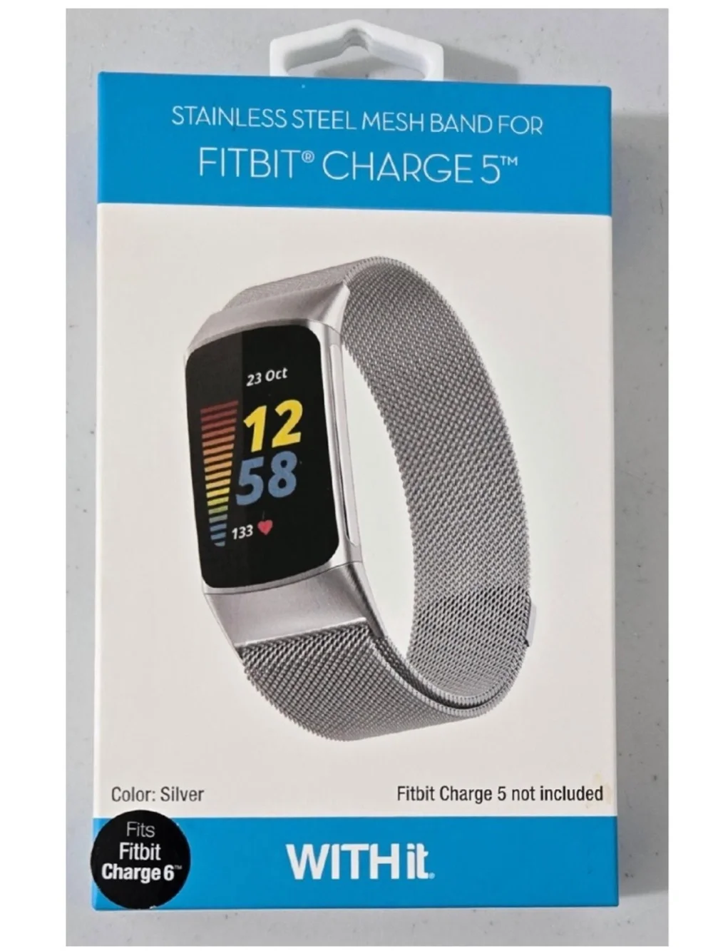 New Withit Fitbit Charge5 Watch Band Adjustable Stainless Steel Silver Metal NWT